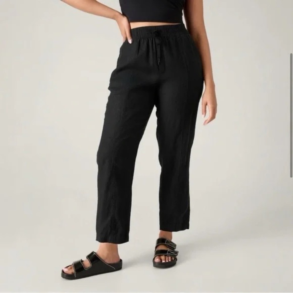Athleta Retreat Linen Ankle High Rise Linen Pant Pull On Drawstring Black SP